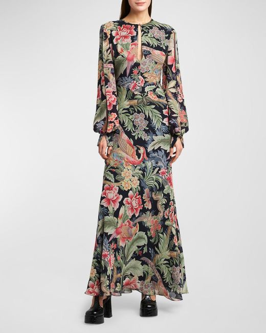 Etro Multicolor Allover Floral Slit Long-Sleeve Silk Gown