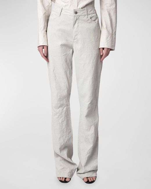 Zadig & Voltaire White Pistol Mid-Rise Straight-Leg Crinkled Leather Pants