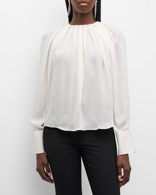 A.L.C. White Astrid Pleated Long-sleeve Silk Top