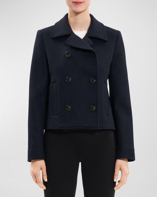 Theory Blue Shrunken Wool Double-Breasted Peacoat