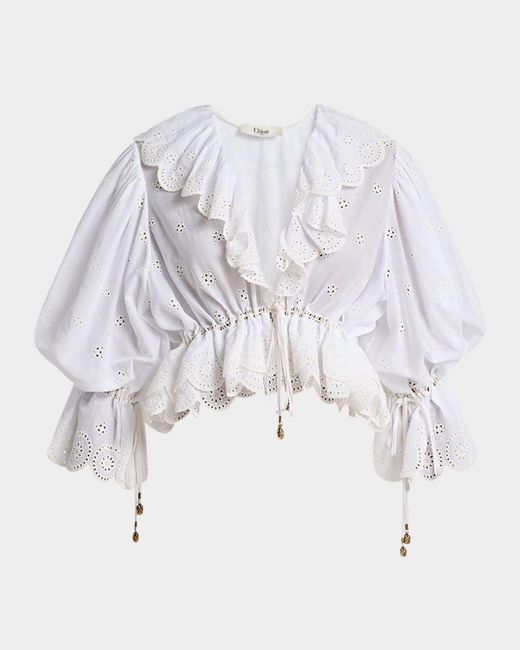 Chloé White Eyelet Cotton Ruffle Crop Peasant Blouse