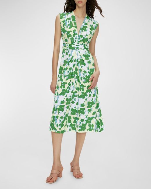 Diane von Furstenberg Green Livia Pleated Floral-Print Midi Dress