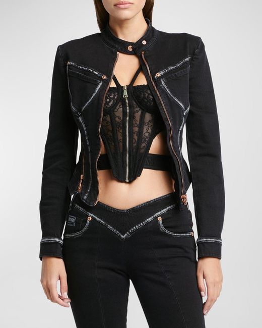 Versace Black Zip-front Corset Denim Jacket