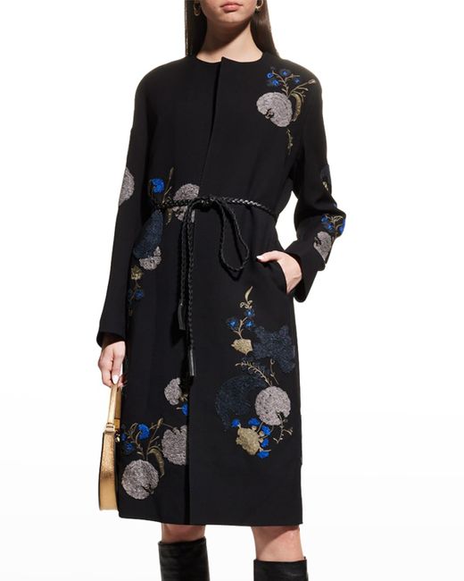 Lafayette 148 New York Black Lowden Belted Floral-embroidered Wool Coat