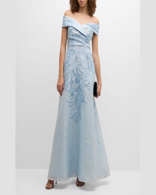 Teri Jon Blue Off-Shoulder Metallic Floral Jacquard Gown