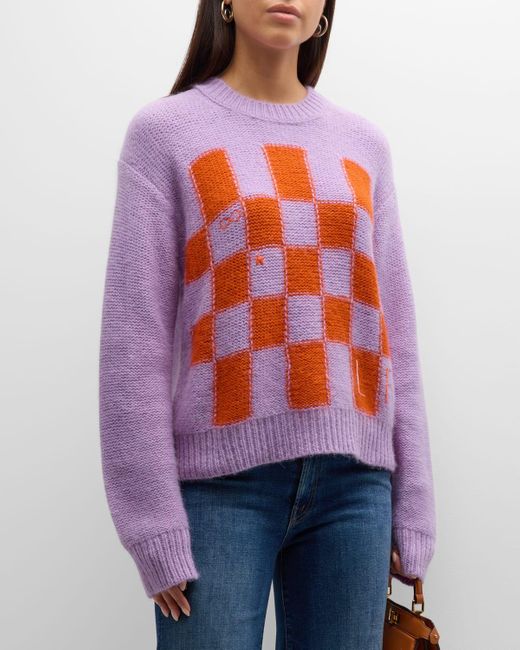 Lingua Franca Janell Embroidered Check Intarsia Sweater