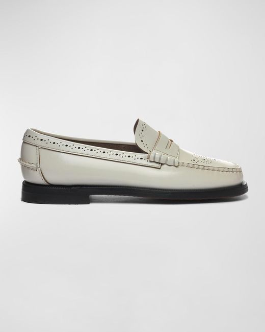 Sebago White Dan Perforated Leather Penny Loafers