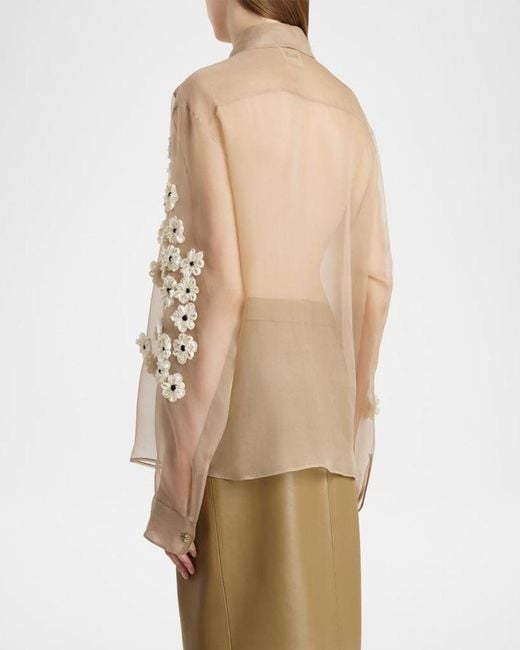 Khaite Natural Argo Floral Applique Silk Button-Down Top