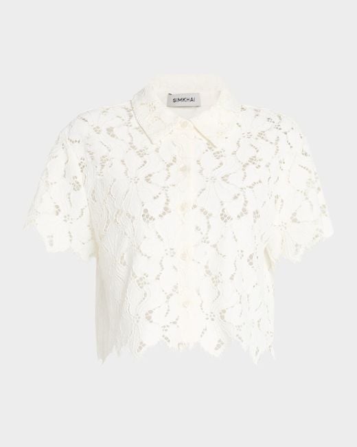 Jonathan Simkhai White Marjorie Cropped Floral Lace Camp Shirt