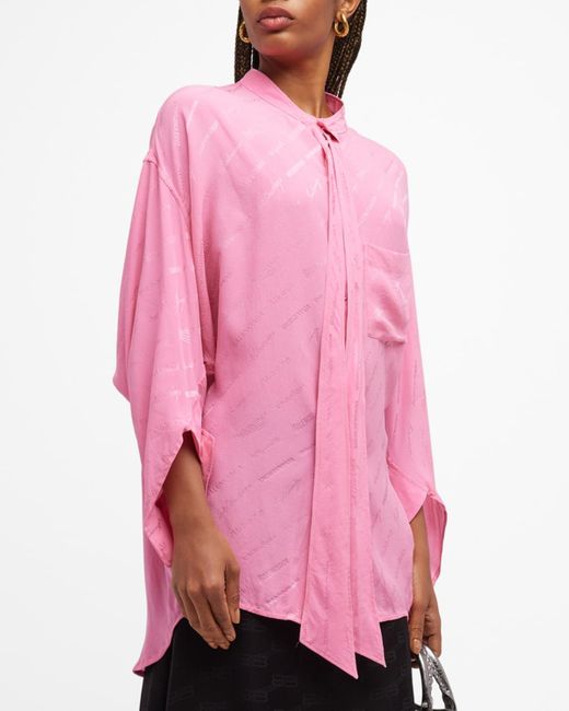 Balenciaga Pink Logomania All Over Swing Twisted Blouse
