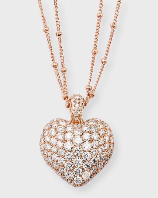 Neiman Marcus White 18k Rose Gold Small Pave Diamond Heart Pendant On 18" Double Chain, 2.8tcw