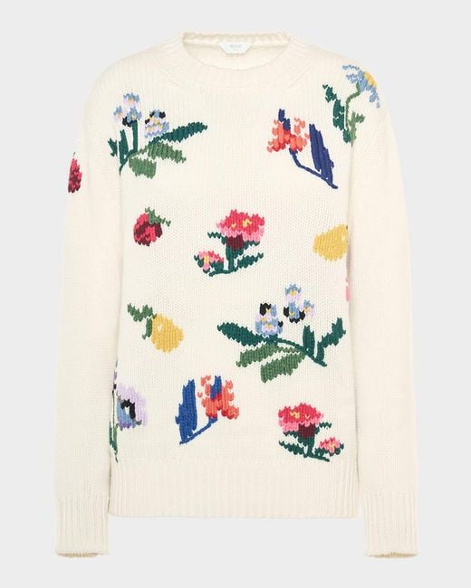 Malo White Dalia Embroidered Crewneck Cashmere Sweater
