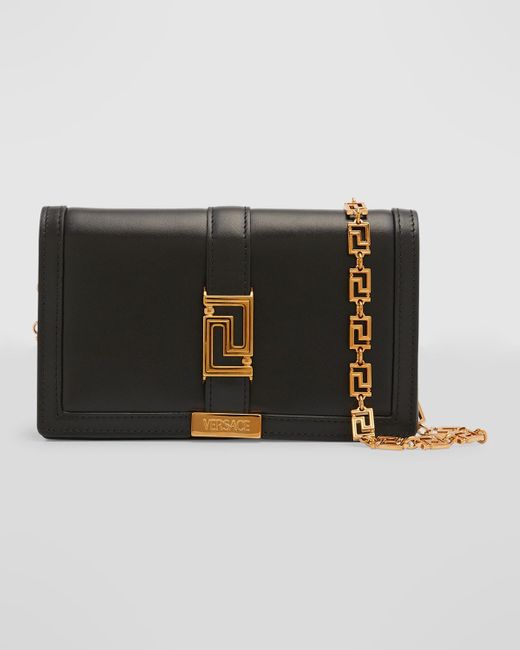 Versace Black Greca Goddess Leather Wallet On Chain