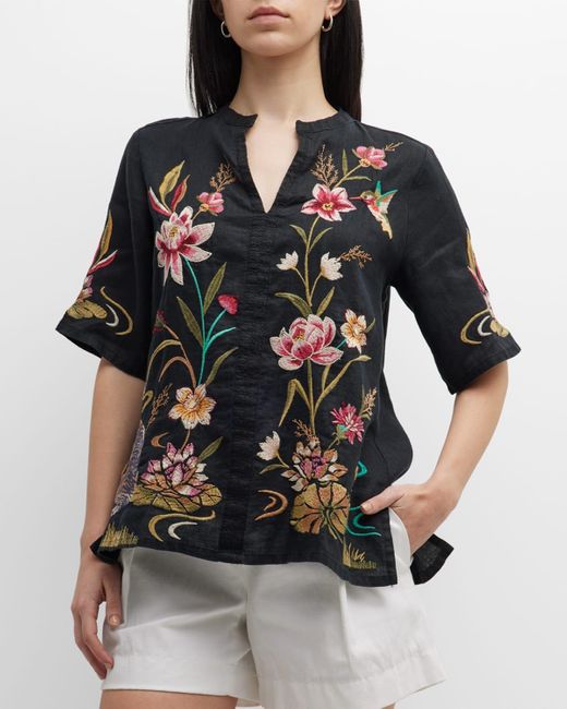 Johnny Was Maisie Floral-embroidered Elbow-sleeve Top in Black | Lyst