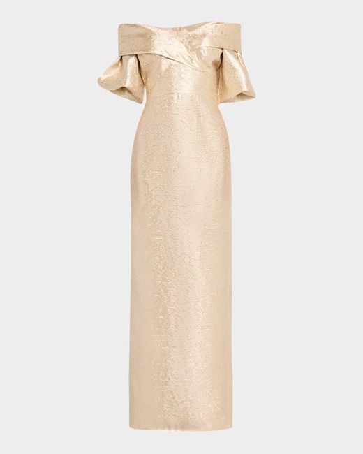 Teri Jon Natural Off-Shoulder Metallic Jacquard Column Gown