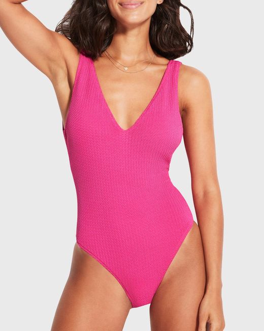 Seafolly Pink Deep V-neck One-piece Swimsuit
