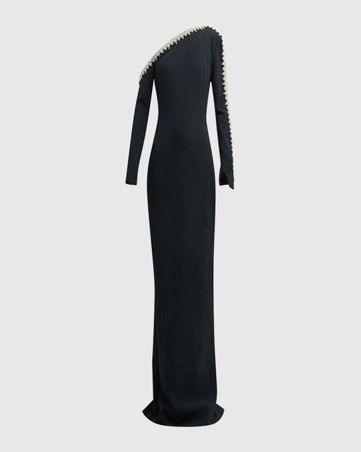 Pamella Roland Black Pearlescent Beaded Fringe One-Shoulder Long-Sleeve Crepe Gown