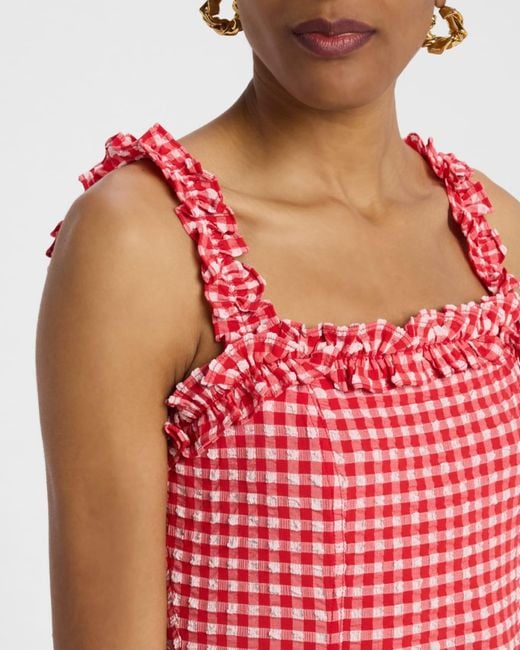 ganni red seersucker dress Ganni Red Stretch Seersucker Strap Ruffle Mini Dress
