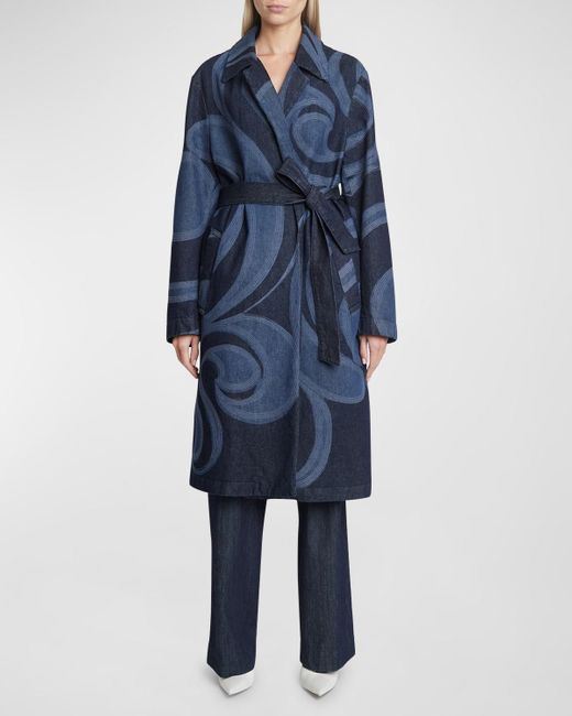 Dries Van Noten Blue Roltas Swirl Embroidered Denim Belted Coat