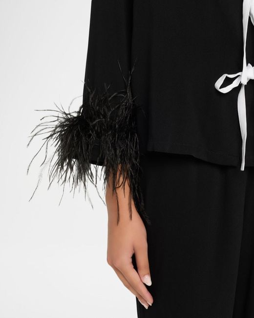 Sleeper Black Cropped Feather-Cuff Viscose Pajama Set