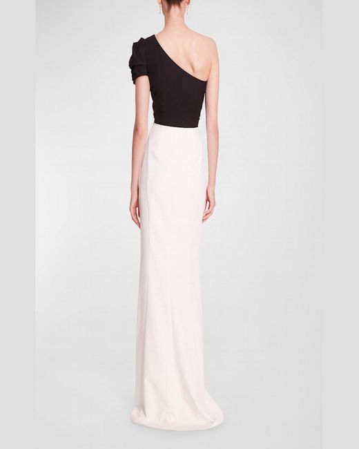 Marchesa White Pleated One-Shoulder Two-Tone Column Gown