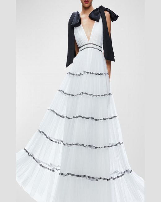 Alice + Olivia White Jessalynn Bow Strap Tiered Maxi Gown