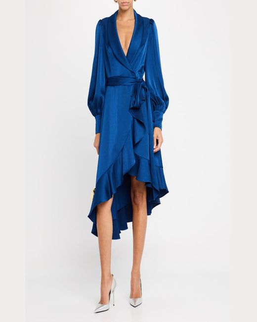 Aidan Mattox Blue High-Low Crepe Back Satin Midi Wrap Dress