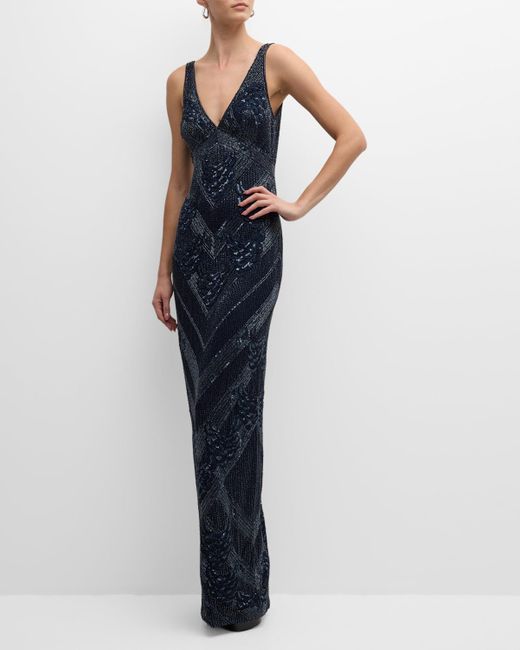 Naeem Khan Blue Plunging Petal Bead Embroidered Sleeveless Gown