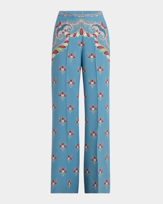 Etro Blue Largo Floral Paisley Silk Straight-Leg Pants
