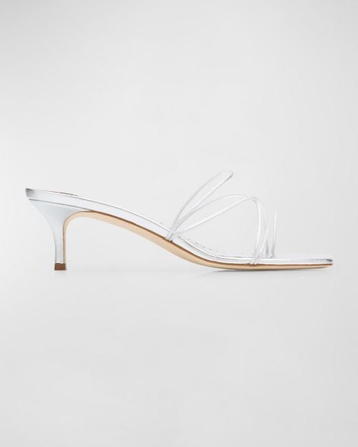 Manolo Blahnik White Strappy Metallic Leather Slide Sandals