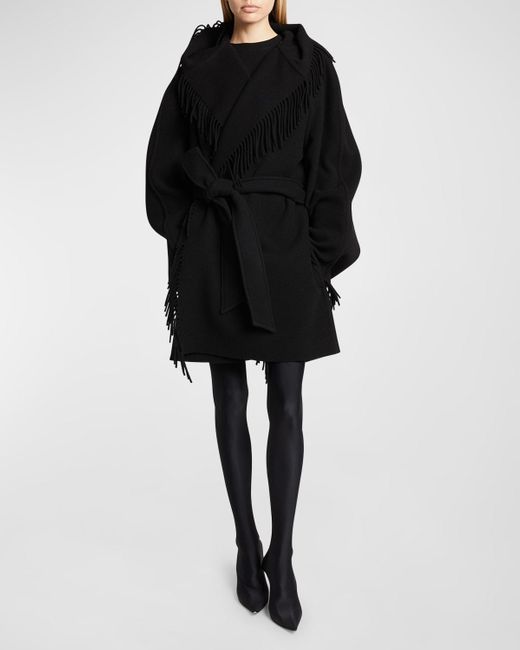 Balenciaga Black Fringe Hooded Wrap Jacket