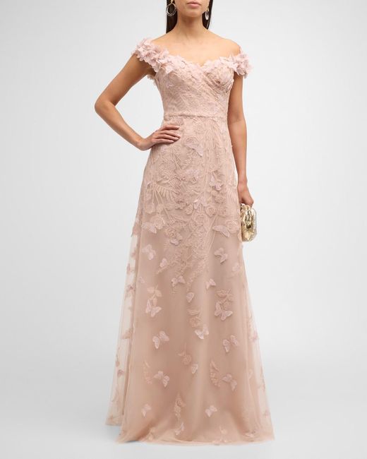 Teri Jon Pink Off-Shoulder Floral-Embroidered Tulle Gown