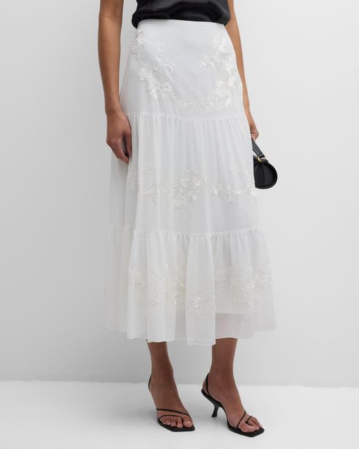 Kobi Halperin White Harper Tiered Floral-Embroidered Midi Skirt