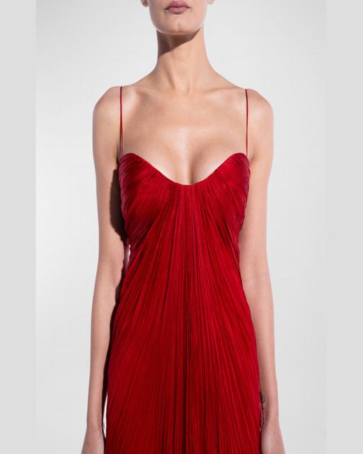 Maria Lucia Hohan Red Victoria Lace-Up Backless Plisse Sleeveless Gown