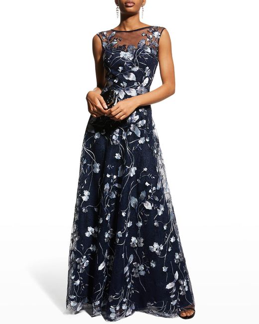 Teri Jon Capsleeve Embroidered Tulle Aline Gown in Blue Lyst