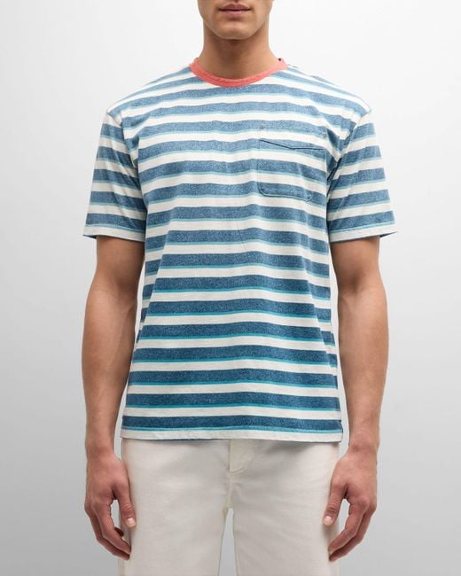 Scotch & Soda Blue Yarn-Dyed Stripe Pocket T-Shirt for men