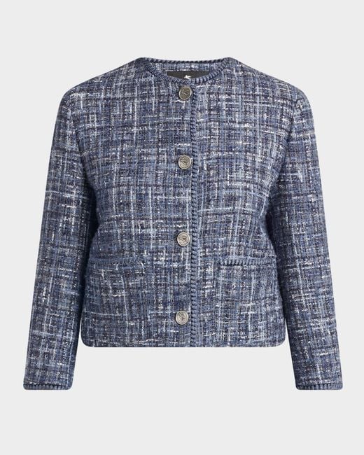 Etro Blue Single-Breasted Tweed Crop Jacket