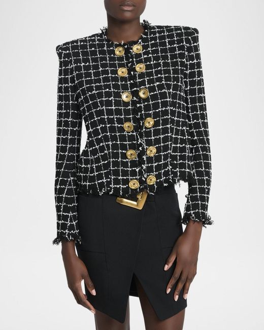 Balmain Black Buttoned Check Tweed Jacket