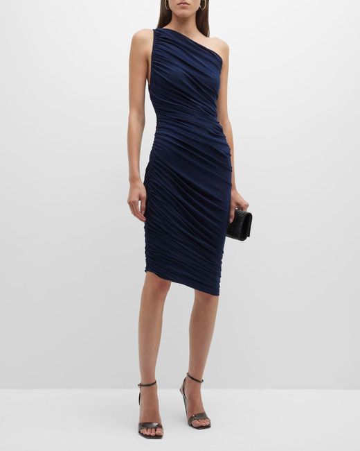 Norma Kamali Diana Shirred One-shoulder Asymmetric Dress in Blue | Lyst