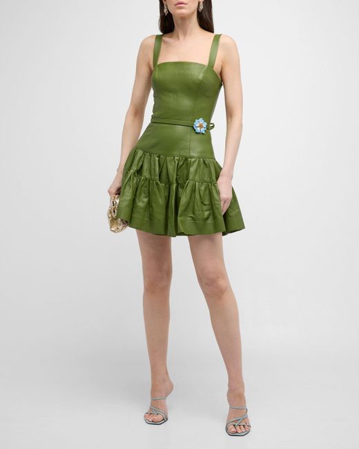 Oscar de la Renta Green Leather Tiered Sleeveless Mini Dress With Belt