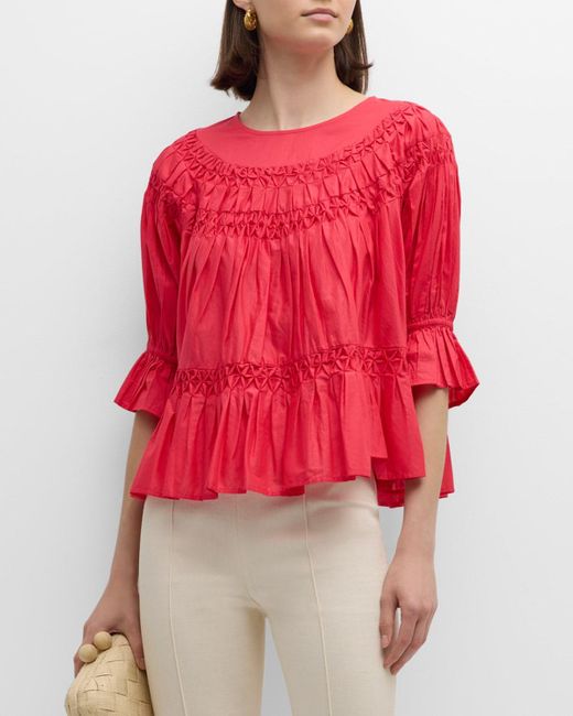 Merlette Red Smocked Puff-Sleeve Pima Cotton Blouse