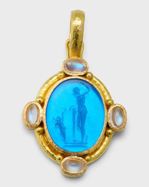 Elizabeth Locke Blue 19k Venetian Glass Intaglio Diana And Cupid Pendant With Moonstone