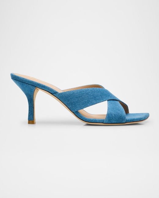 Stuart Weitzman Blue Dayna Denim Crisscross Slide Sandals
