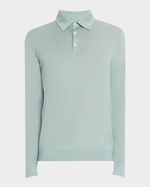 Isaia Blue Cashmere-Silk Polo Sweater for men
