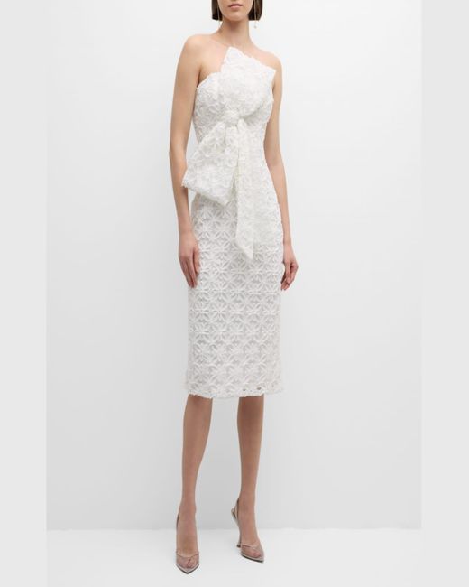 Jovani White Strapless Bow-Front Applique Midi Dress