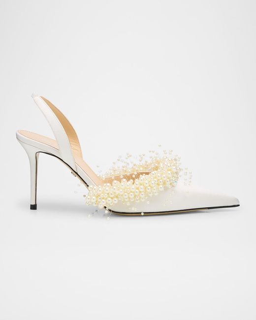 Mach & Mach White Floating Pearly Satin Slingback Pumps