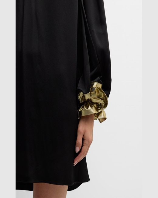 Halpern Black V-neck Puff-sleeve Ruffle-cuff Mini Dress