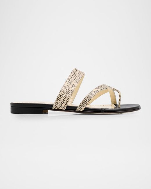 Manolo Blahnik White Susaperf Snake-Embossed Leather Flat Sandals