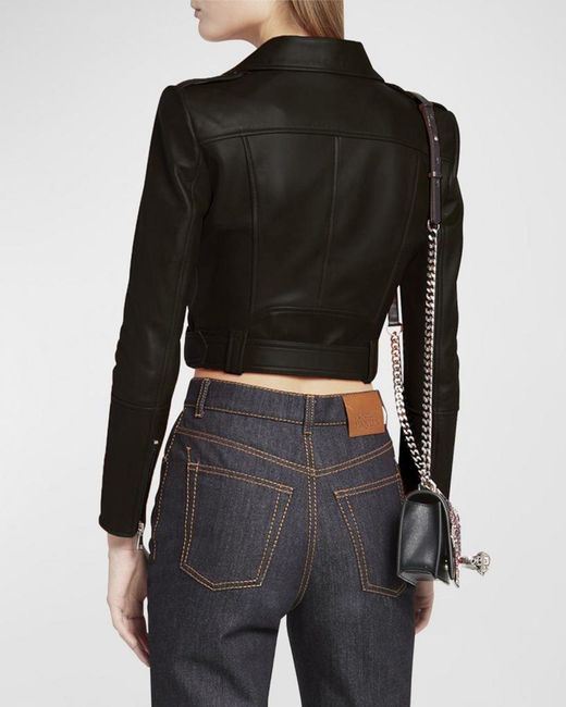 McQueen Black Cropped Leather Biker Jacket