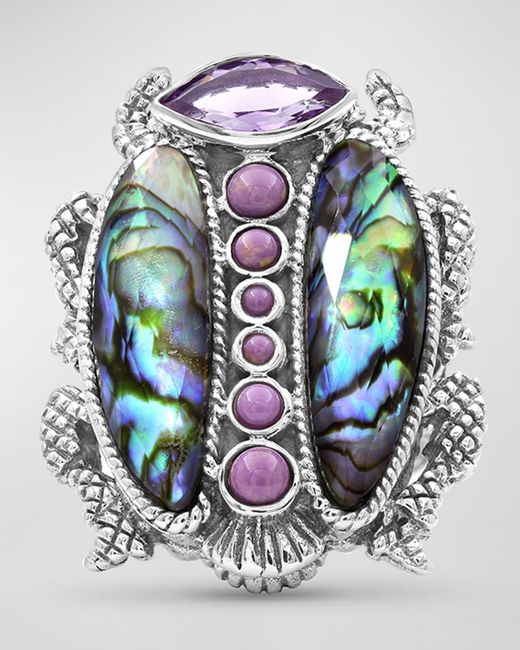 Stephen Dweck Gray Abalone And Amethyst Scarab Ring In Sterling Silver, Size 7